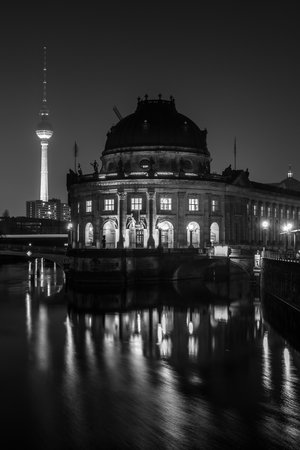 BERLIN - MARCH 05, 2016: The Bode Museum at night. State Art Museum. Located on the Museum Island. Black and white.のeditorial素材