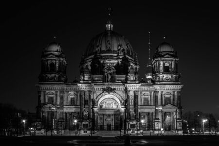 Berlin Cathedral (Berliner Dom) at night illumination. Black and white.の写真素材
