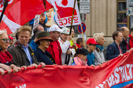 BERLIN - MAY 01, 2015: Members of trade unions, workers and employees at the demonstration on the occasion of Labour dayのeditorial素材
