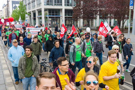 BERLIN - MAY 01, 2015: Members of trade unions, workers and employees at the demonstration on the occasion of Labour dayのeditorial素材
