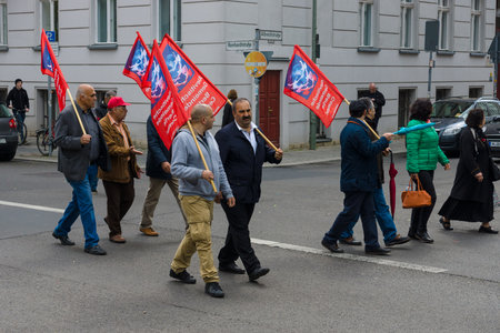 BERLIN - MAY 01, 2015: Members of trade unions, workers and employees at the demonstration on the occasion of Labour day.のeditorial素材