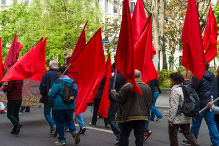 BERLIN - MAY 01, 2015: Members of trade unions, workers and employees at the demonstration on the occasion of Labour day.のeditorial素材