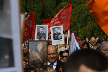BERLIN - MAY 09, 2015: Victory Day. The action "Immortal Regiment" in Treptow Park.のeditorial素材