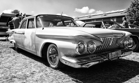PAAREN IM GLIEN, GERMANY - MAY 19: Full-size car Plymouth Fury, 1961 (black and white), "The oldtimer show" in MAFZ, May 19, 2013 in Paaren im Glien, Germanyのeditorial素材