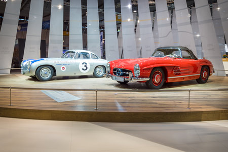 STUTTGART, GERMANY - MARCH 17, 2016: Racing car Mercedes-Benz 300 SL (W194) and the sports car...