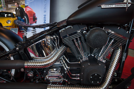 STUTTGART, GERMANY - MARCH 17, 2016: Engine of motorcycle Harley-Davidson Heritage Special Softail, 2005. Europe's greatest classic car exhibition "RETRO CLASSICS"のeditorial素材