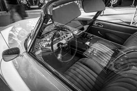 STUTTGART, GERMANY - MARCH 17, 2016: Cabin of mid-size luxury car Citroen DS19 Cabriolet. Black and white. Europe's greatest classic car exhibition "RETRO CLASSICS"のeditorial素材
