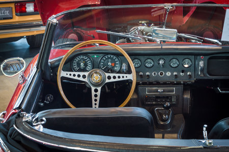 STUTTGART, GERMANY - MARCH 18, 2016: Cabin of sports car Jaguar E-Type 4.2 Serie I roadster, 1967. Europe's greatest classic car exhibition "RETRO CLASSICS"のeditorial素材