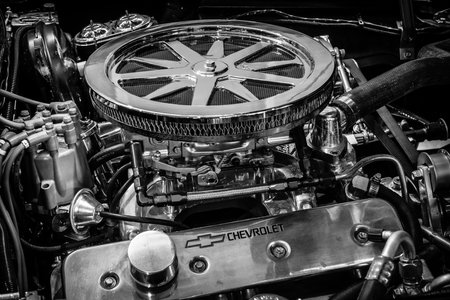 STUTTGART, GERMANY - MARCH 18, 2016: Engine ZZ4 of sports car Chevrolet Corvette Roadster Black...
