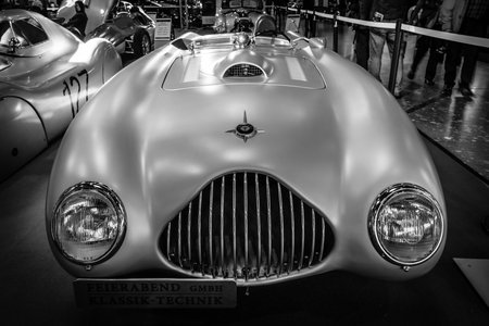 STUTTGART, GERMANY - MARCH 18, 2016: The racing car Veritas RS, 1949. Black and white. Europe's greatest classic car exhibition "RETRO CLASSICS"のeditorial素材