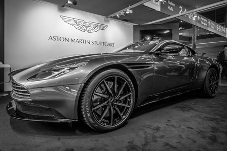 STUTTGART, GERMANY - MARCH 18, 2016: Grand tourer coupe Aston Martin DB10, 2016. Black and white. Europe's greatest classic car exhibition "RETRO CLASSICS"のeditorial素材