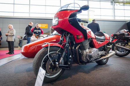 STUTTGART, GERMANY - MARCH 18, 2016: Motorcycle Laverda RGS, with a sidecar Carell-Shoo, 1983. Europe's greatest classic car exhibition "RETRO CLASSICS"のeditorial素材
