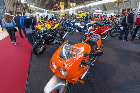 STUTTGART, GERMANY - MARCH 18, 2016: Section pavilion. Motoclub of friends Laverda (Laverda Freunde Rohrdorf). Europe's greatest classic car exhibition "RETRO CLASSICS"のeditorial素材