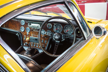 STUTTGART, GERMANY - MARCH 18, 2016: Cabin of sports car Lotus Elan +2 RHD, 1971. Europe's greatest...