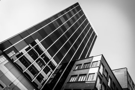 STUTTGART, GERMANY - MARCH 18, 2016: Modern building on a historic street Calwer Strasse in the city center. Stuttgart is the capital and largest city of the state of Baden-Wuerttemberg.のeditorial素材