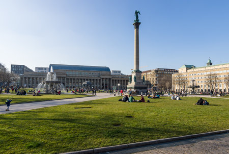 STUTTGART, GERMANY - MARCH 18, 2016: Schlossplatz, the largest square of the city. Stuttgart is the capital and largest city of the state of Baden-Wuerttemberg.のeditorial素材