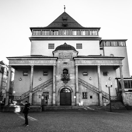 STUTTGART, GERMANY - MARCH 18, 2016: Gustav-Siegle-Haus, is a music venue. The building was completed in 1912 by architect Theodor Fischer. Black and white.のeditorial素材