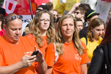 BERLIN - MAY 01, 2016: Members of trade unions, workers and employees at the demonstration on the occasion of Labour day.のeditorial素材