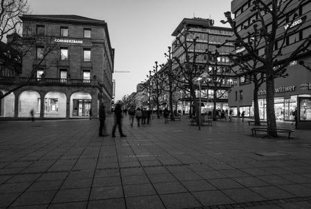 STUTTGART, GERMANY- MARCH 16, 2016: The historic shopping street in the central part of the city - Koenigstrasse (King Street) and Schlossplatz. Black and white.のeditorial素材