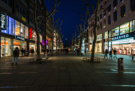 STUTTGART, GERMANY- MARCH 16, 2016: The historic shopping street in the central part of the city - Koenigstrasse (King Street) in the evening lights.のeditorial素材