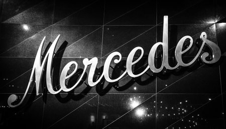 STUTTGART, GERMANY- MARCH 19, 2016: The logo of Mercedes early 20th century. Black and white. Mercedes-Benz Museum.のeditorial素材