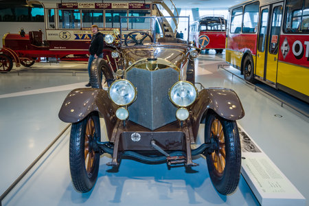 STUTTGART, GERMANY- MARCH 19, 2016: Vintage car Mercedes-Knight 16/45 PS Tourer, 1921. Mercedes-Benz Museum.のeditorial素材