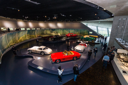 STUTTGART, GERMANY- MARCH 19, 2016: The exhibition hall of the post-war automobile technics. Mercedes-Benz Museum.のeditorial素材