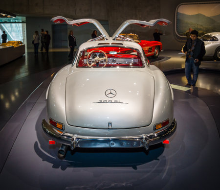 STUTTGART, GERMANY- MARCH 19, 2016: Sports car Mercedes-Benz 300 SL Gullwing coupe, 1955. Rear view. Mercedes-Benz Museum.のeditorial素材