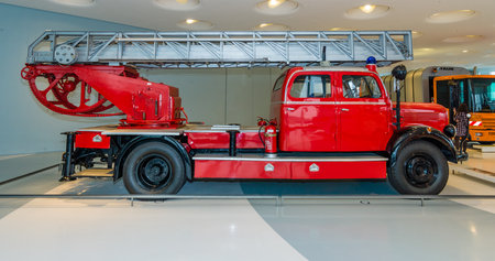 STUTTGART, GERMANY- MARCH 19, 2016: Firefighter car Mercedes-Benz LF3500 with Metz turntable ladder, 1952. Mercedes-Benz Museum.のeditorial素材