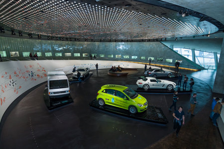 STUTTGART, GERMANY- MARCH 19, 2016: The Exhibition hall with the cars end of the 20 th and the beginning of 21 th century. Mercedes-Benz Museum.のeditorial素材