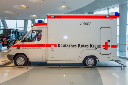 STUTTGART, GERMANY- MARCH 19, 2016: Mobile intensive care unit Mercedes-Benz Sprinter 313 CDI, 2001. Mercedes-Benz Museum.のeditorial素材