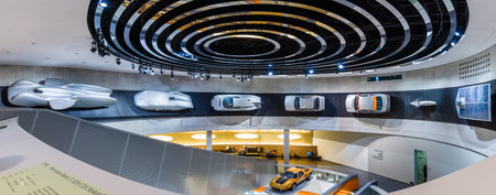 STUTTGART, GERMANY- MARCH 19, 2016: Panoramic view of the various projects, concepts and sports cars...