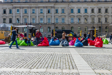 BERLIN - MAY 01, 2016: The public library in the open air with free access to books and entrance. City program "Reading lounge"のeditorial素材