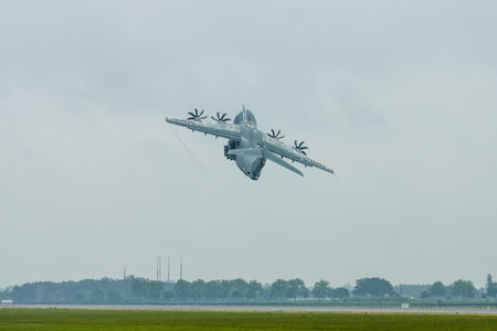 BERLIN, GERMANY - JUNI 01, 2016: Demonstration flight at rainy day of the military transport aircraft Airbus A400M Atlas. Exhibition ILA Berlin Air Show 2016のeditorial素材