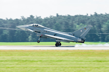 BERLIN, GERMANY - JUNE 03, 2016: Landing multirole fighter Eurofighter Typhoon. Exhibition ILA Berlin Air Show 2016のeditorial素材