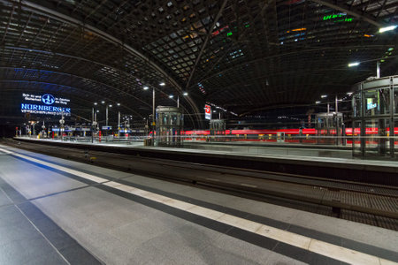 BERLIN - JUNE 20, 2016: Berlin Central Station in the night. Railway platform. The central station of Berlin - the largest and modern railway station of Europeのeditorial素材