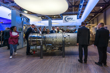 BERLIN, GERMANY - JUNE 01, 2016: The stand of MTU Aero Engines AG, is a German aircraft engine...