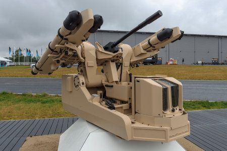 BERLIN, GERMANY - JUNE 01, 2016: The new concept of automatic short-range air defense system Rheinmetall using MBDA Mistral guided missiles. Exhibition ILA Berlin Air Show 2016.のeditorial素材