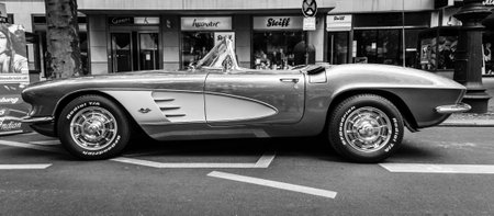 BERLIN - JUNE 05, 2016: Sports car Chevrolet Corvette (C1). Black and white. Classic Days Berlin 2016.のeditorial素材