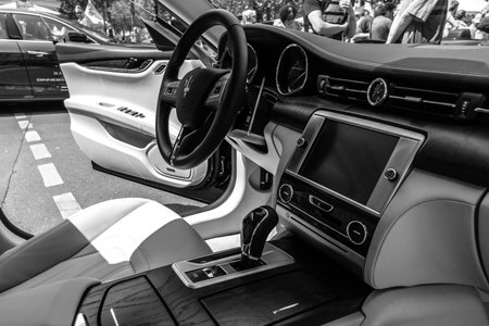 BERLIN - JUNE 05, 2016: Interior of full-size luxury car Maserati Quattroporte VI, since 2013. Black and white. Classic Days Berlin 2016のeditorial素材