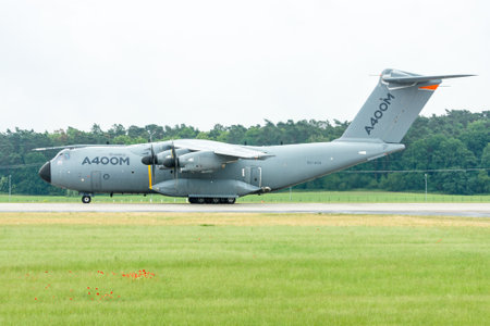 BERLIN, GERMANY - JUNE 01, 2016: Preparing for takeoff military transport aircraft Airbus A400M...