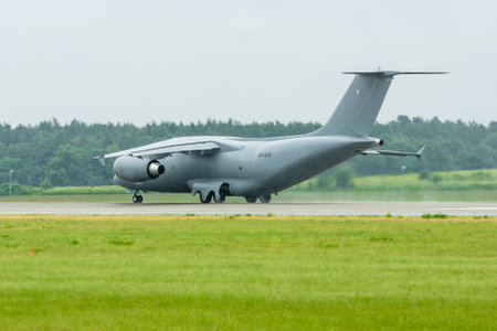 BERLIN, GERMANY - JUNE 01, 2016: Preparing for takeoff military transport aircraft Antonov An-178. Exhibition ILA Berlin Air Show 2016のeditorial素材