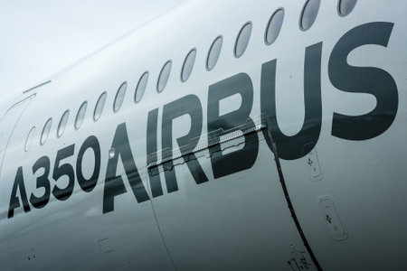 BERLIN, GERMANY - JUNE 01, 2016: Detail of the newest airplane Airbus A350 XWB. Exhibition ILA Berlin Air Show 2016のeditorial素材