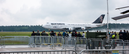 BERLIN, GERMANY - JUNE 01, 2016: Takeoff Iron Maiden's Boeing 747 "Ed Force One". The world tour "The Book of Souls". Exhibition ILA Berlin Air Show 2016のeditorial素材
