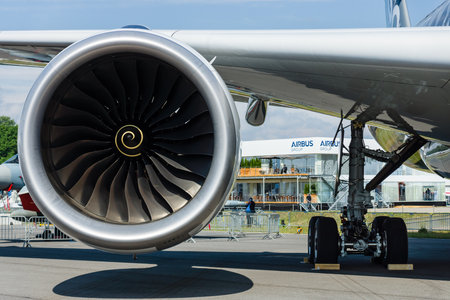 BERLIN, GERMANY - JUNE 01, 2016: Turbofan engine of the newest airplane Airbus A350-900 XWB....