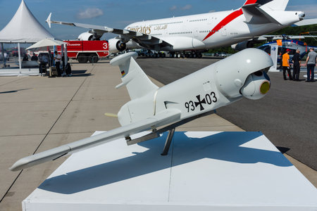 BERLIN, GERMANY - JUNE 02, 2016: Rheinmetall KZO - an unmanned aerial vehicle (UAV) with stealth...