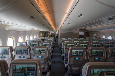 BERLIN, GERMANY - JUNE 02, 2016: Interior of an economy class of the world's largest aircraft Airbus A380. Emirates Airline. Exhibition ILA Berlin Air Show 2016のeditorial素材