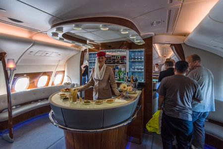 BERLIN, GERMANY - JUNE 02, 2016: The bar for the passengers the first and business class of the world's largest aircraft Airbus A380. Emirates Airline. Exhibition ILA Berlin Air Show 2016のeditorial素材