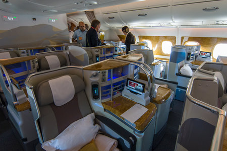 BERLIN, GERMANY - JUNE 02, 2016: Interior of business class of the world's largest aircraft Airbus A380. Emirates Airline. Exhibition ILA Berlin Air Show 2016のeditorial素材