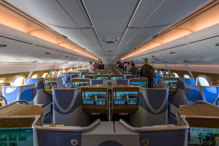 BERLIN, GERMANY - JUNE 02, 2016: Interior of business class of the world's largest aircraft Airbus A380. Emirates Airline. Exhibition ILA Berlin Air Show 2016のeditorial素材